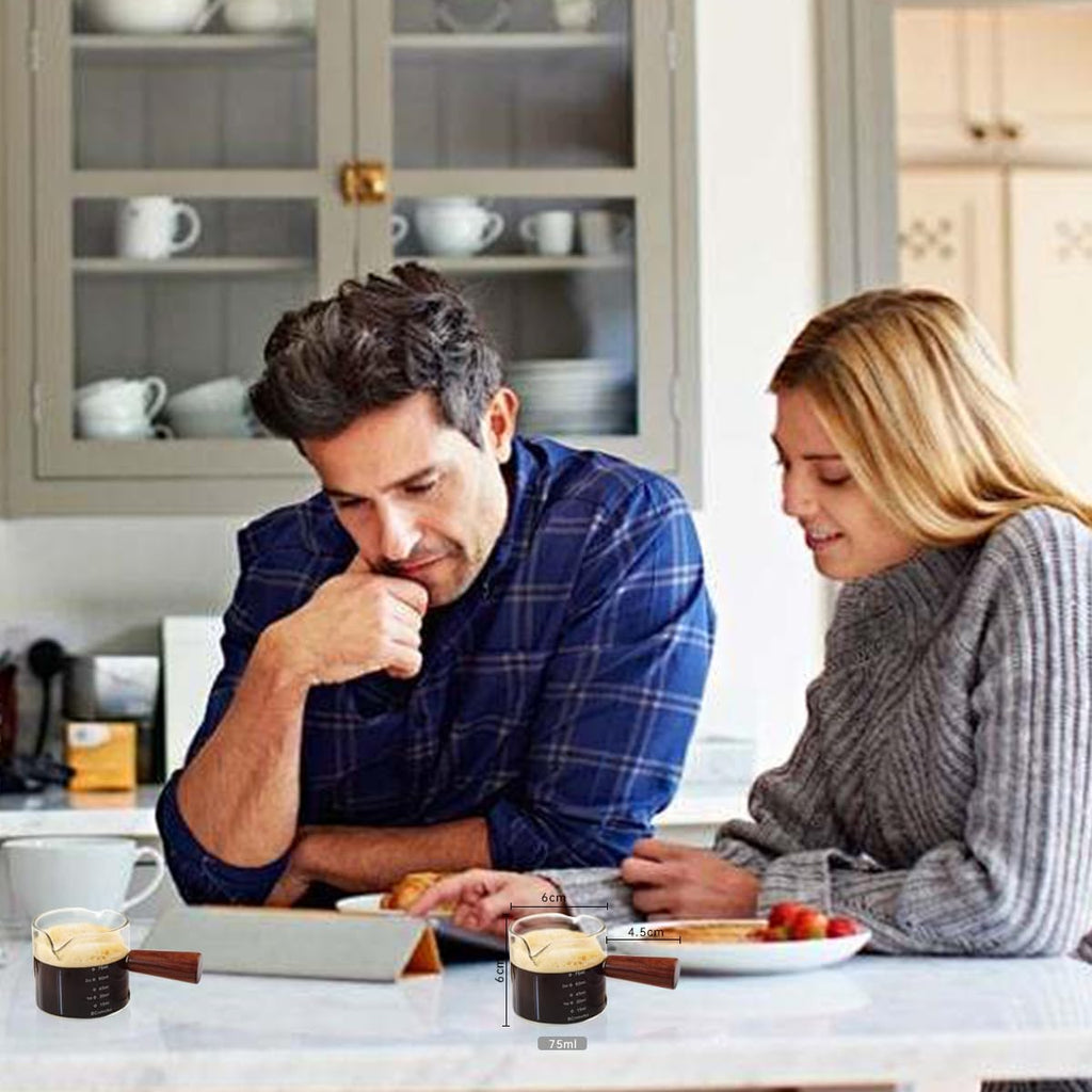 2 PCS Double Spouts Measuring Triple Pitcher Milk Cup with Wood Handle 75ML Espresso Shot Glasses Parts Clear Glass By BCnmviku