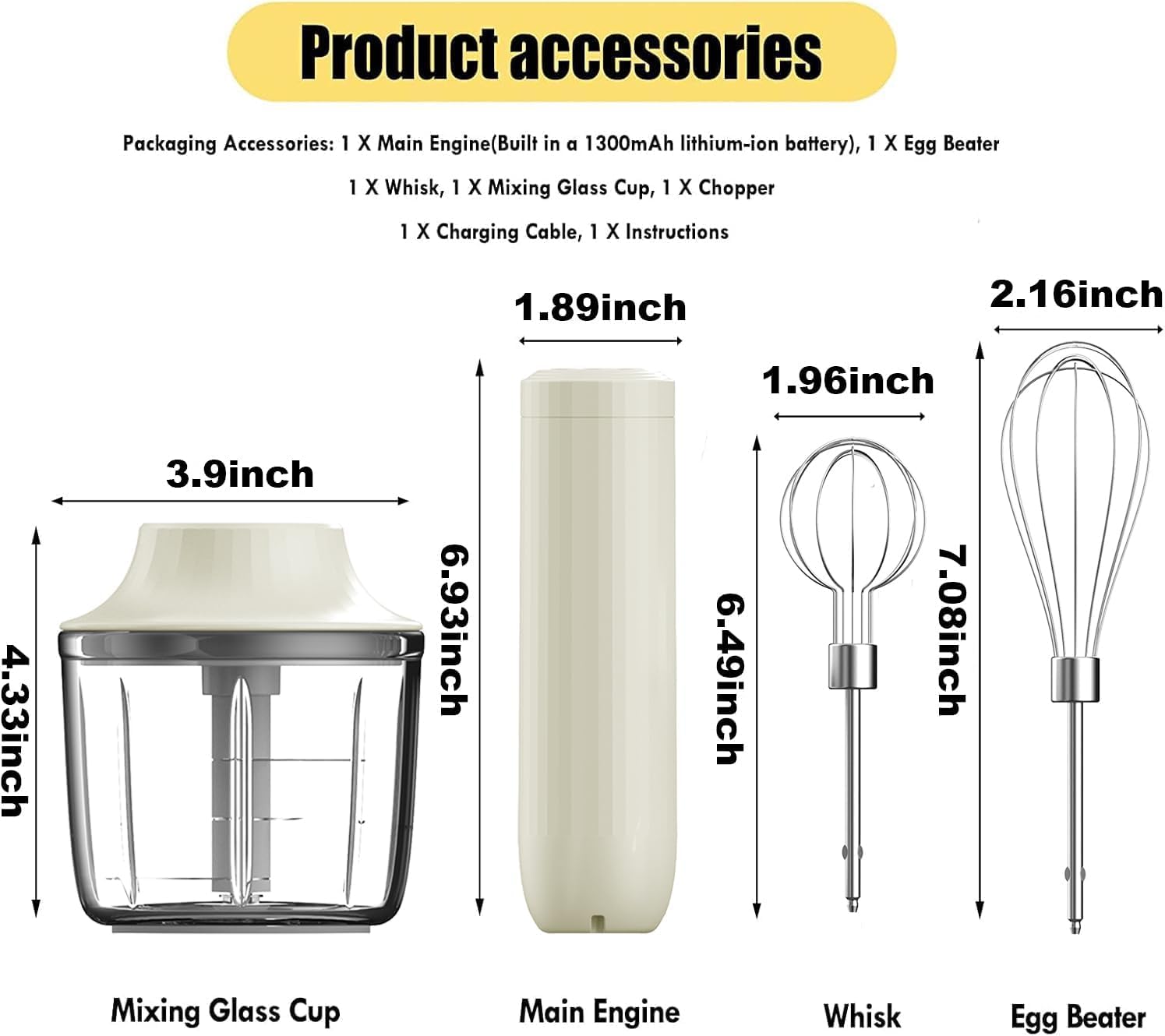 Cordless Hand Mixer, Electric Whisk, Hand Held Mini Mixers,Rechargeable Hand Mixer and Whisker,Food Chopper,Food Processor for Cooking, 4-Speed,10Oz