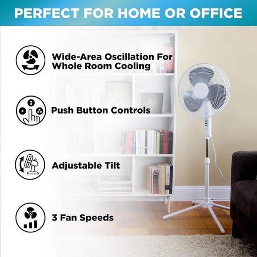 EZ-Chill 16” Oscillating Pedestal Fan - 3-Speed Options, 90-Degree Oscillation, Adjustable Height, White