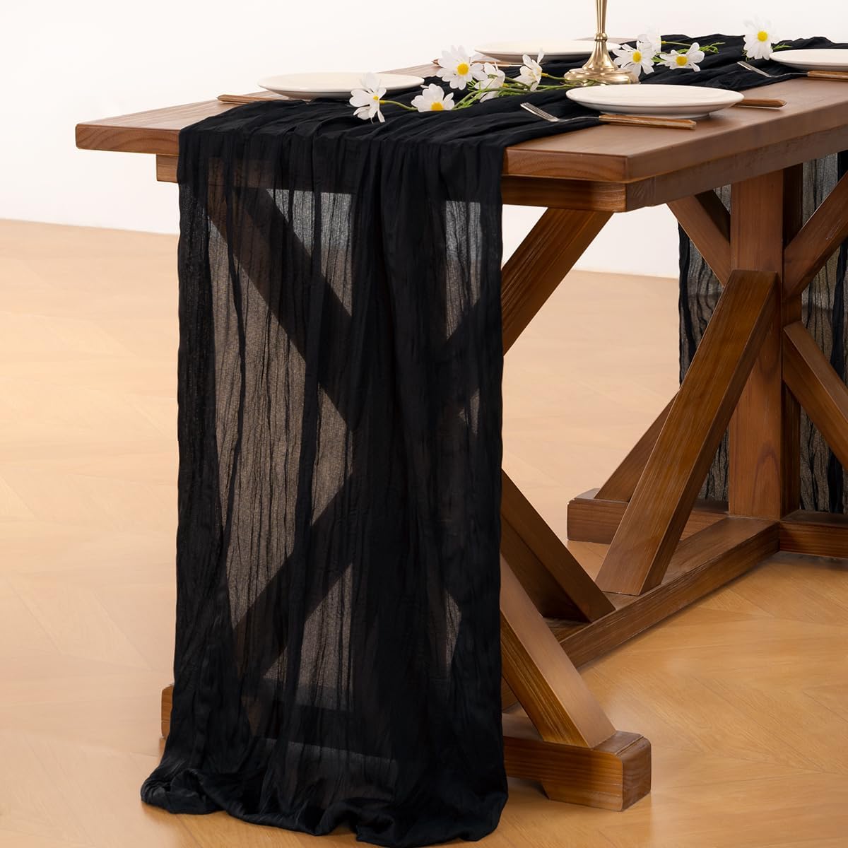 Socomi Black Cheesecloth Table Runner - 120 Inch Boho Rustic Gauze for Weddings & Events