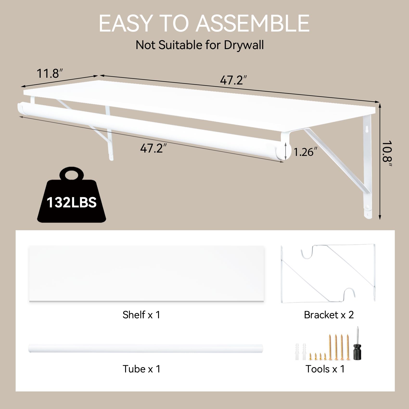 Qupui Closet Shelf with Hanging Rod, 47.2in Wall Mounted Clothes Rack with Top Shelf, Walk in Closet System, Heavy Duty Shelf with Hanging Rod for Laundry Room, Closet Storage, Garage, White