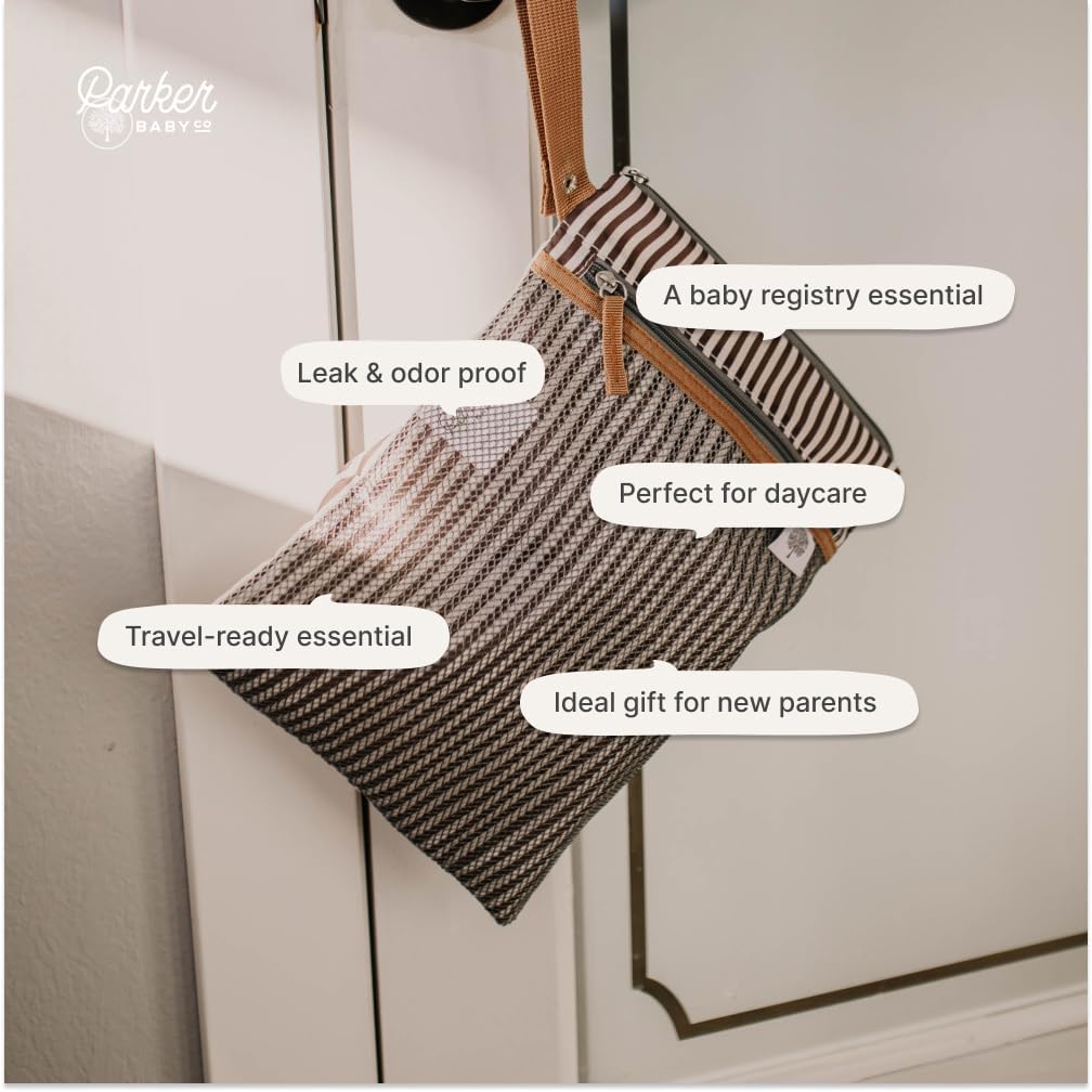 Parker Baby Cloth Diaper Wet Dry Bag - Waterproof Reusable Accessory with Mesh Organizer & Zippered Pocket