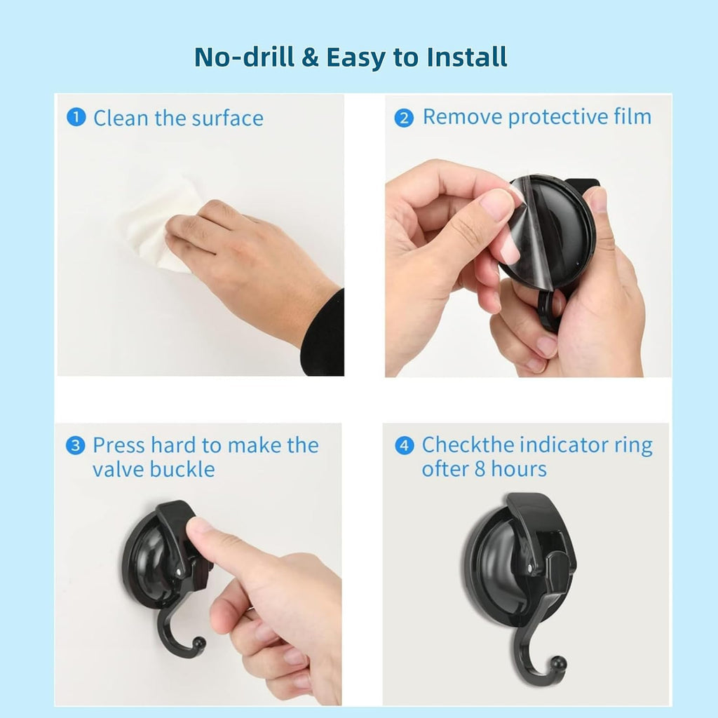 Skiennix Heavy Duty Vacuum Suction Cup Hooks - Easy Install Wreath Hanger for Kitchen & Bathroom (2, Black)