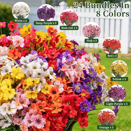 24 Bundles Artificial Flowers for Outdoors - UV Resistant Faux Plants