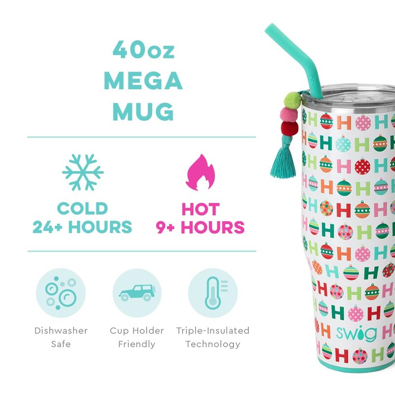 Swig Life 40oz Mega Mug, 40 oz Tumbler with Handle and Straw, Cup Holder Friendly, Dishwasher Safe, Extra Large Insulated Tumbler, Stainless Steel (HoHoHo)