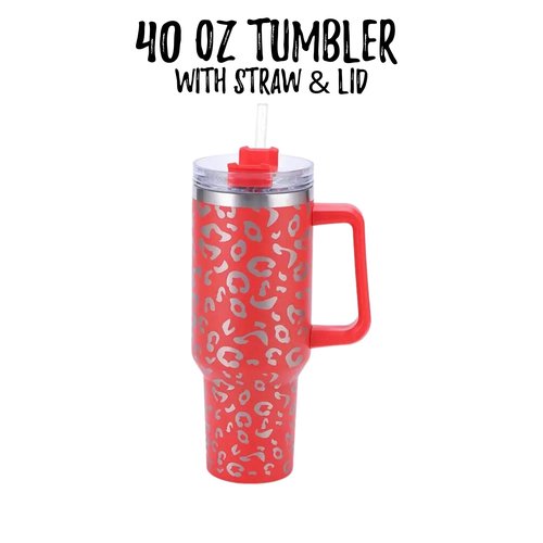 Lashicorn 40 Oz. Tumbler with Handle and Straw Red Leopard Silver 10” tall Cup lid included Insulated Stainless Steel Vacuum Travel Mug Boutique Cheetah Print