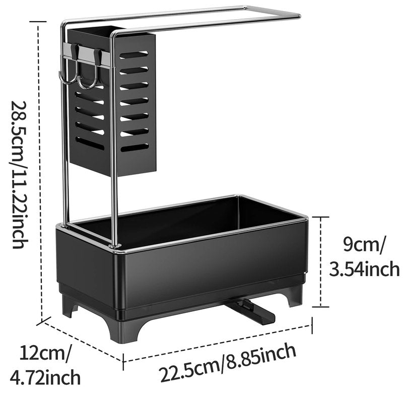 MOUKABAL Sponge Holder for Kitchen Sink, 2-Tier Sink Caddy Organizer with Drain Holes and Hooks, Holds Dishcloth, Sponge & Brushes, Kitchen Countertop Storage for New Home Essentials Black