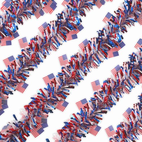 Patriotic Tinsel Garland with American Flags - 33ft Red White Blue Decor