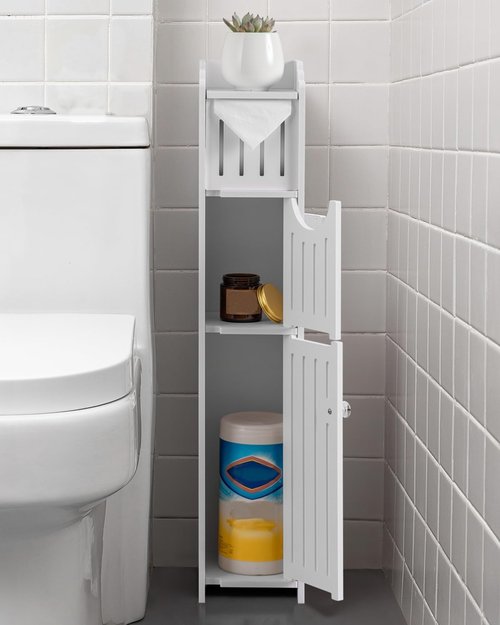 AOJEZOR Bathroom Storage Cabinet - Compact Design with Toilet Paper Holder for Mega Roll | White Finish