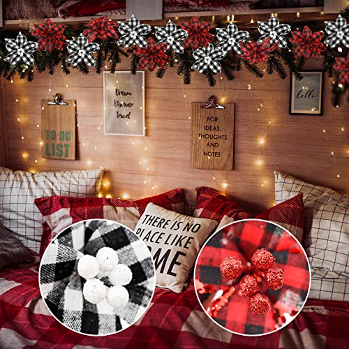 12 Pcs Christmas Buffalo Plaid Poinsettia Ornaments with Glitter - Holiday Tree Decorations