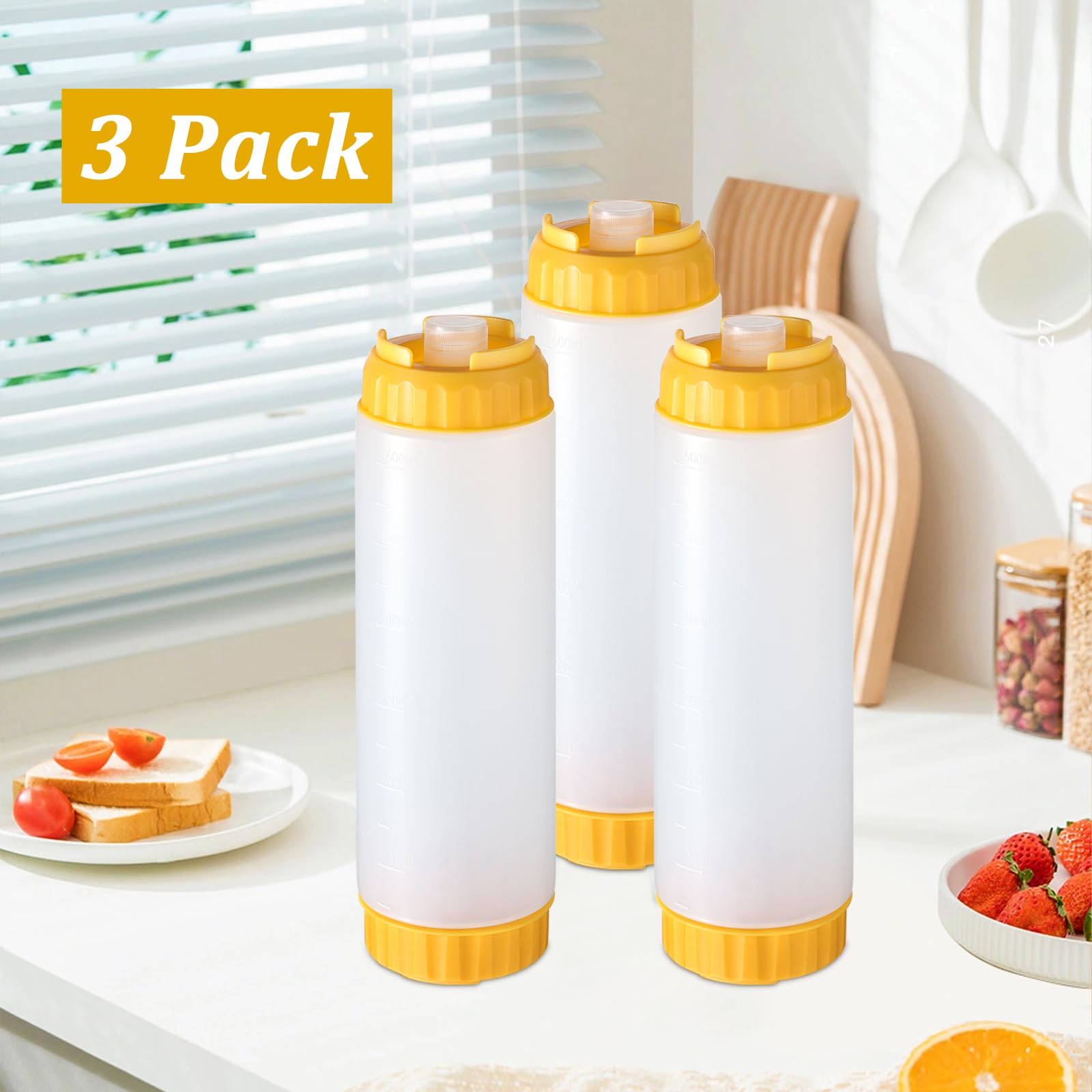 3 Pack Pancake Batter Dispenser and Mixer with BlenderBall Wire Whisk, Pancake Shaker Batter Dispenser, Kitchen Batter Bottle Squeeze for Cupcakes, Muffins, Crepes, Breakfast Art, and More (Yellow)