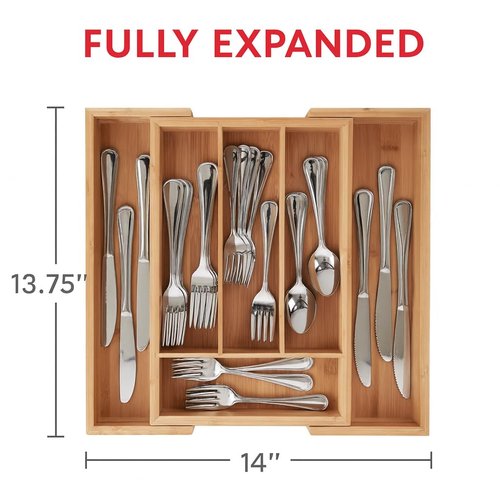 HIC Kitchen Expandable 6-Slot Silverware Cutlery Utensil Storage Tray, Natural Bamboo, Opens to 14-Inches