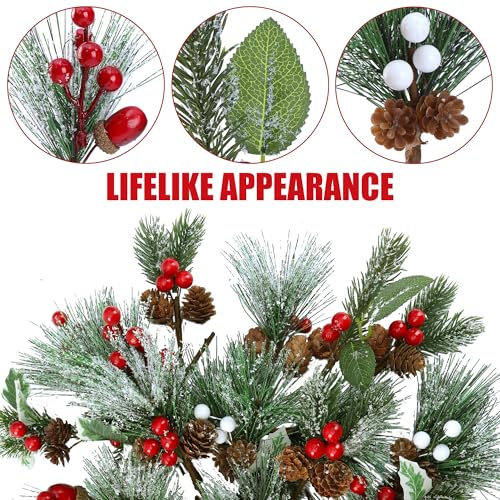 24 Pack Artificial Christmas Picks - 6 Styles Snow Frosted Berry Pine Cones Wreath Decor