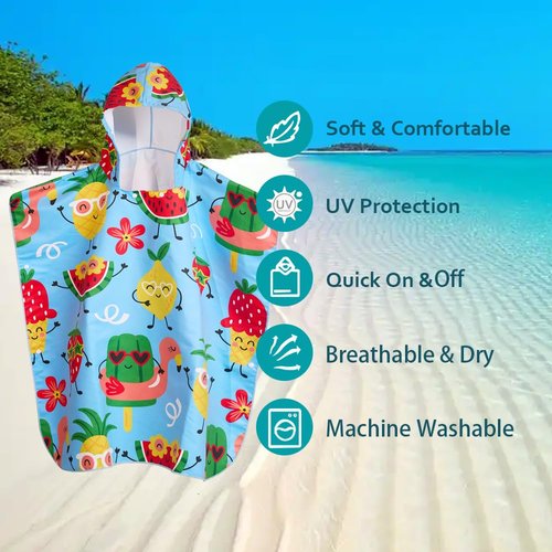 MADDY'S HOME Kids Hooded Beach Towel - Super Soft Absorbent Cotton Poncho for Boys & Girls, Bath Pool & Beach Use,Toddler to Teen (3-13 Years) (Blue Fruit)
