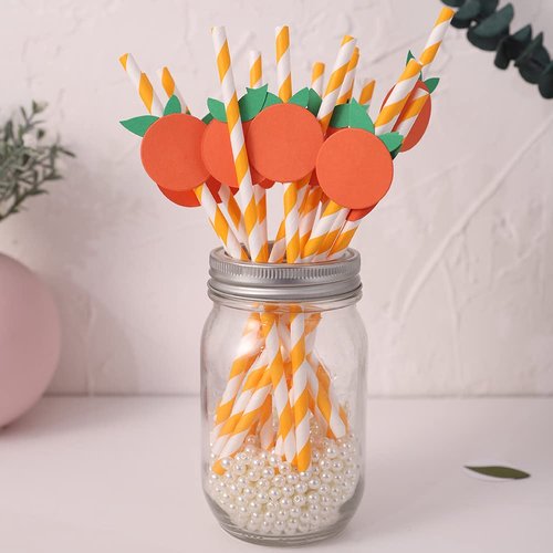 Orange Paper Straws - Biodegradable Disposable Drinking Striped PaperStraws 15 Pieces, Little Cutie Straws, Little Cutie Baby Shower Decorations, Little Orange Themed Birthday Decorations