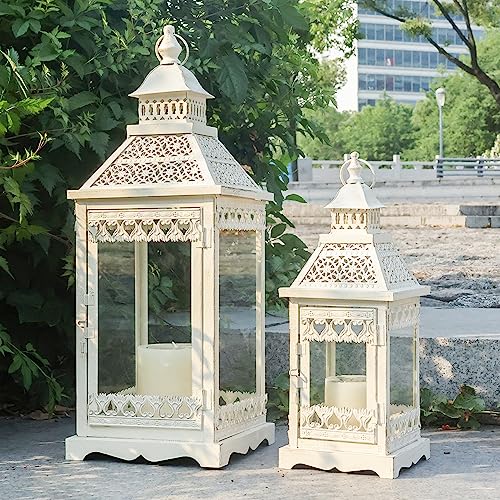 NEEDOMO Beige Outdoor Lanterns - Set of 2 Large Square Candle Lanterns (21" + 15"), Indoor/Outdoor