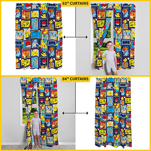 Kids Window Curtains Set - Pikachu, Charmander, and Squirtle Print, 82x63 In
