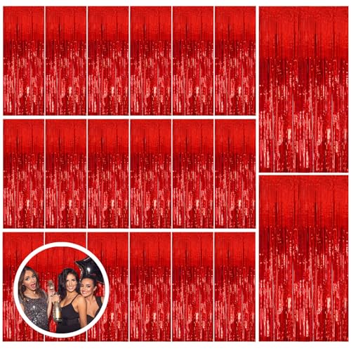BOMSI 20-Pack Red Foil Fringe Backdrop Curtains 3.28ft x 6.56ft for Party Decorations