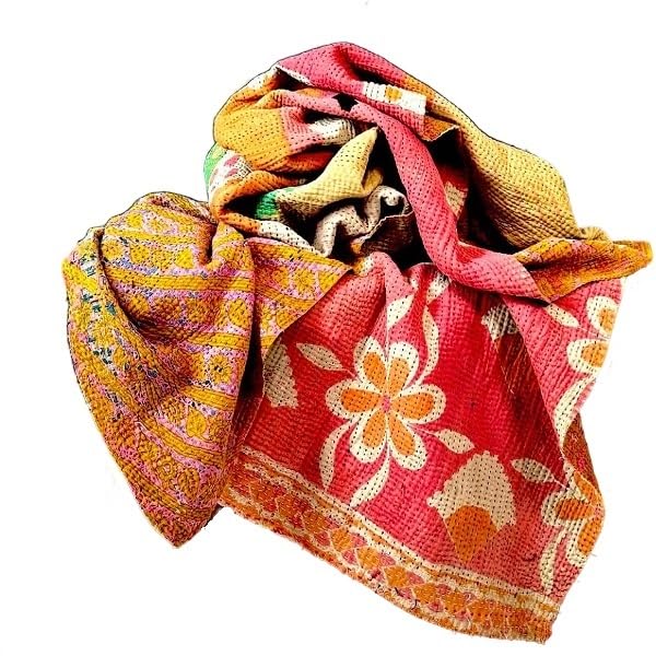 Reversible Kantha Quilt - Vintage Cotton Bedspread, 52x80 Inches