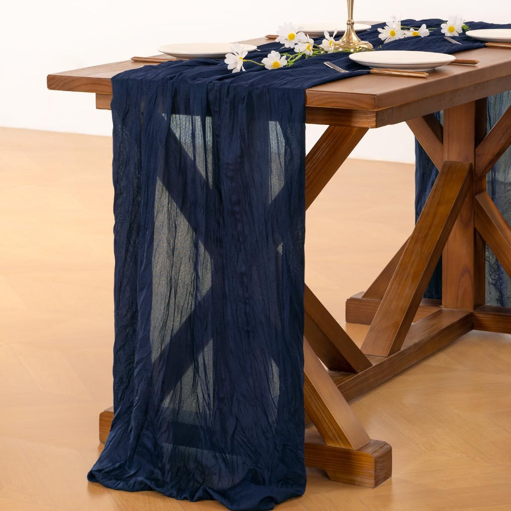 Socomi Cheesecloth Table Runner - 120 Inch Navy Blue Boho Rustic Decor for Weddings & Parties