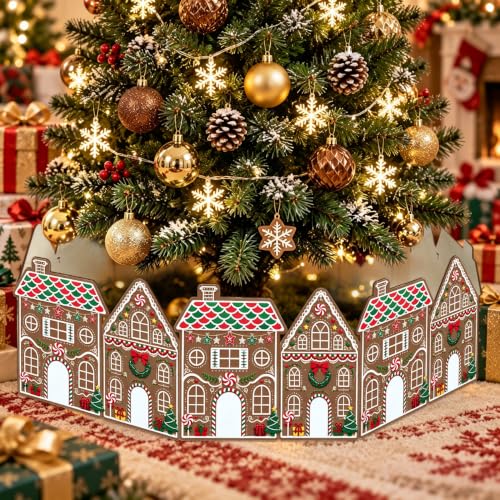 Christmas Tree Collar Gingerbread House – Brown Wooden Base Cover for Tree