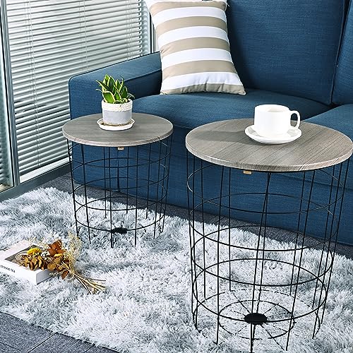Nesting Side Table Set of 2 with Wire Basket Base and Wood Top