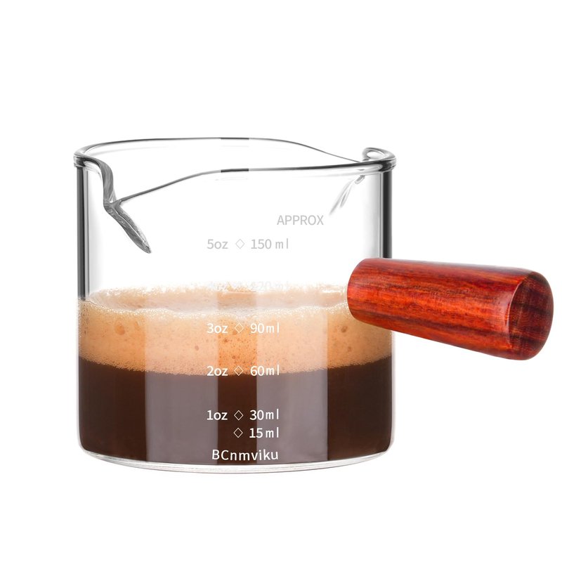 BCnmviku Double Spouts 150ML /5OZ Measuring Triple Pitcher Milk Cup with Wood Handle Espresso Shot Glasses Parts Clear Glass (1)