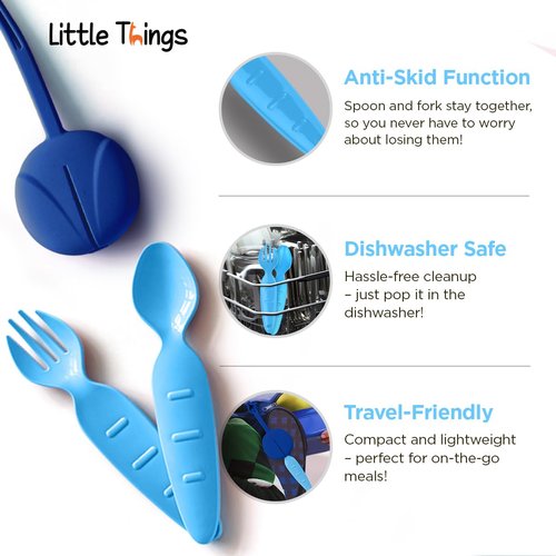 Little Things Kids Utensil Set with Case – BPA-Free Fork & Spoon – Reusable, Dishwasher Safe Travel Cutlery for School, Lunchboxes, Daycare & On-the-Go (Blue)