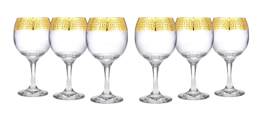 World Gifts Gold Rimmed Wine Goblet 6-piece Glass Set Greek Key Pattern Contemporary Drinkware