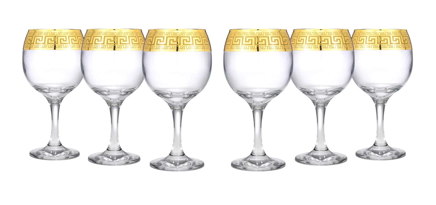 World Gifts Gold Rimmed Wine Goblet 6-piece Glass Set Greek Key Pattern Contemporary Drinkware