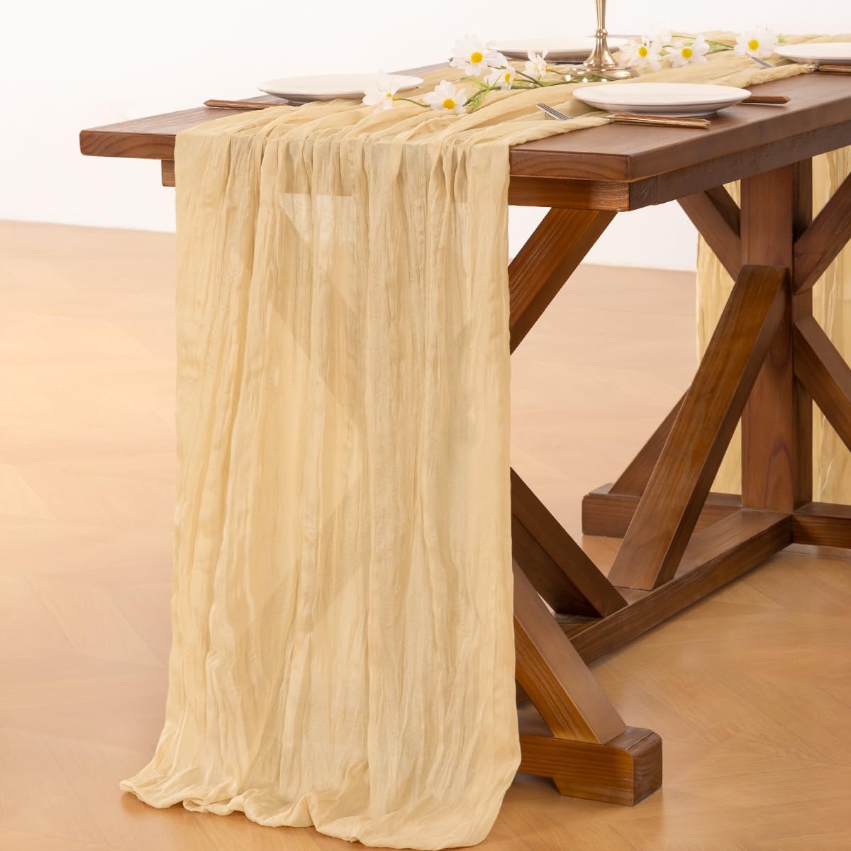 Socomi Gold Champagne Cheesecloth Table Runner - 120 Inch Sheer Gauze for Weddings & Events