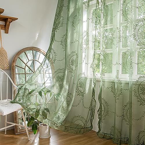 Olive Green Lace Curtains 57W x 72L two panels, farmhouse embroidery, 3
