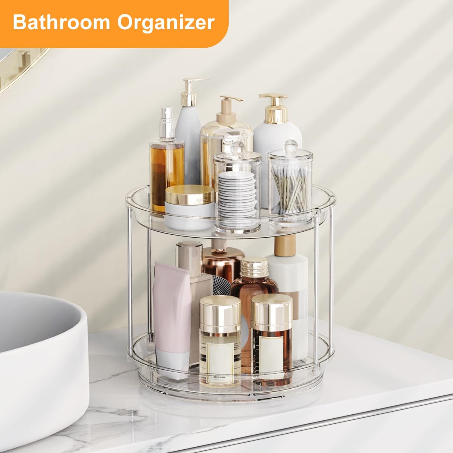 Skiennix 360 Rotating Makeup Organizer - 2 Tier Clear Lazy Susan Turntable for Vanity & Bathroom