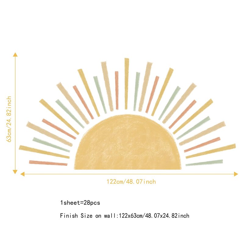 astrkiz Large Boho Half Sun Wall Decals Peel and Stick, Watercolor Pastel Sun Decal Sunrise Wall Murals Stickers, Sunshine Wall Stickers for Kids Room Playroom Nursery Bedroom, 48.07" x 24.82"