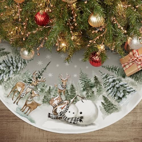 36-Inch Christmas Tree Skirt with Snowman & Reindeer Pattern, Rope Ties