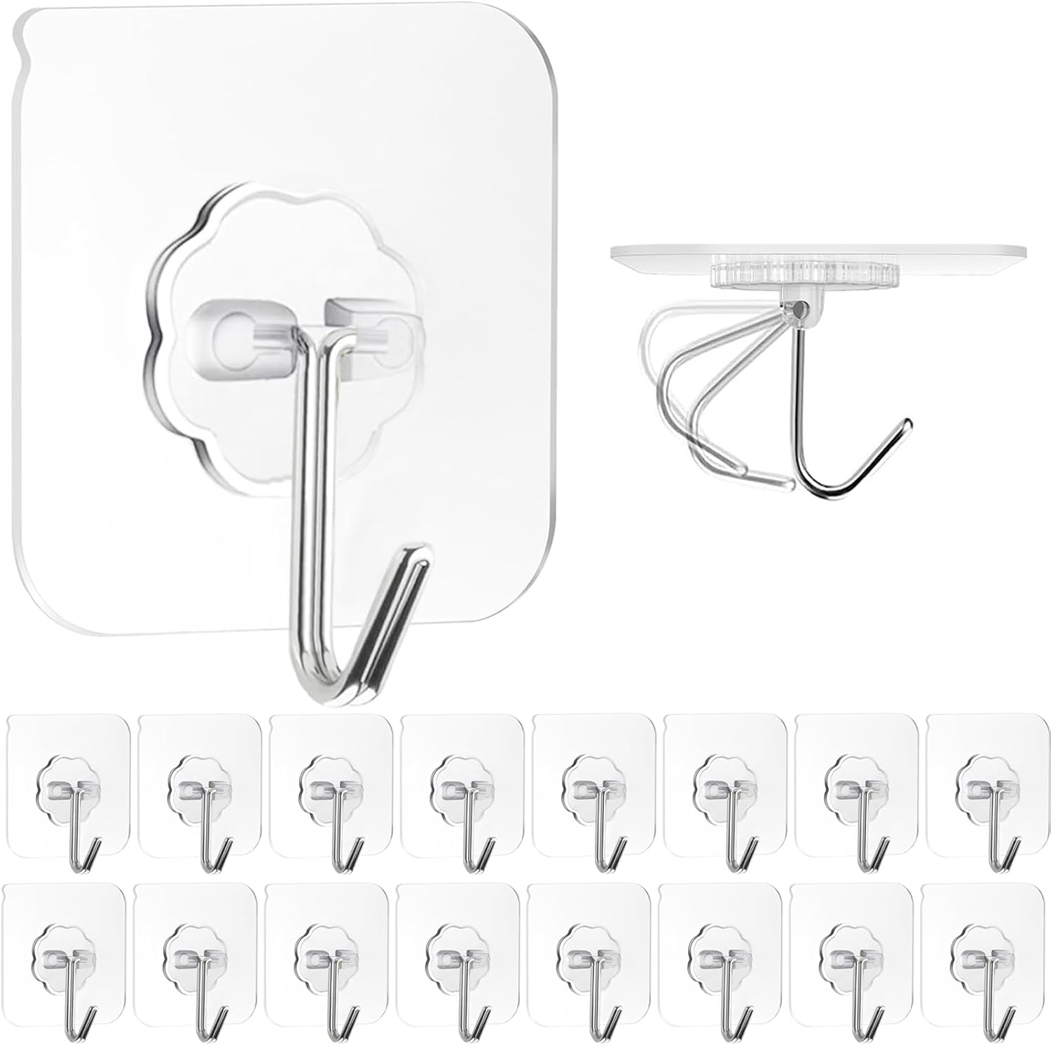 ZESLMG Adhesive Wall Hooks - Heavy Duty 22lb Clear Self-Sticky Hooks | 16 Pack No Damage for Towel, Key, Coat, Picture