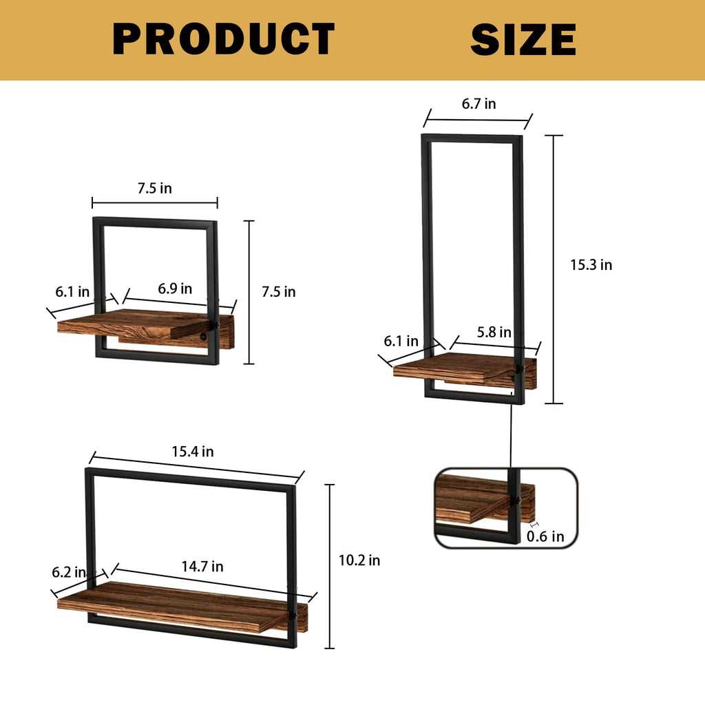 takor 6 Sets Rustic Floating Shelves,Wooden Storage Shelf with Metal Frame, Wall-Mounted Wood Display, Wall Hanging Decor, Home Decor for Living Room, Bedroom, Kitchen, Office