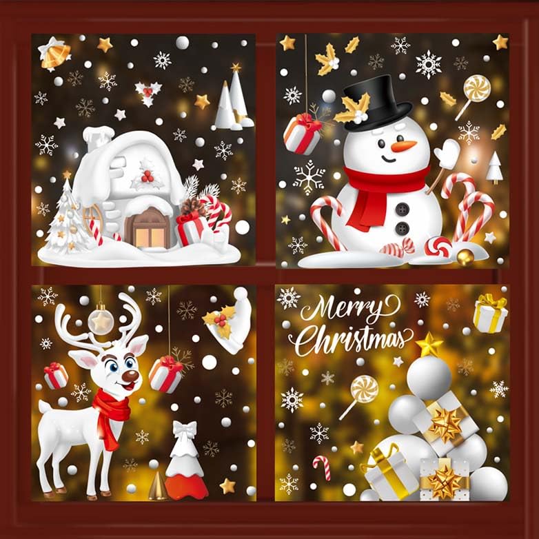 Christmas Window Clings Set - 8 Sheets Double-Sided Holiday Decorations with Santa, Snowman, Moose & Snowflake for Glass Doors & Windows