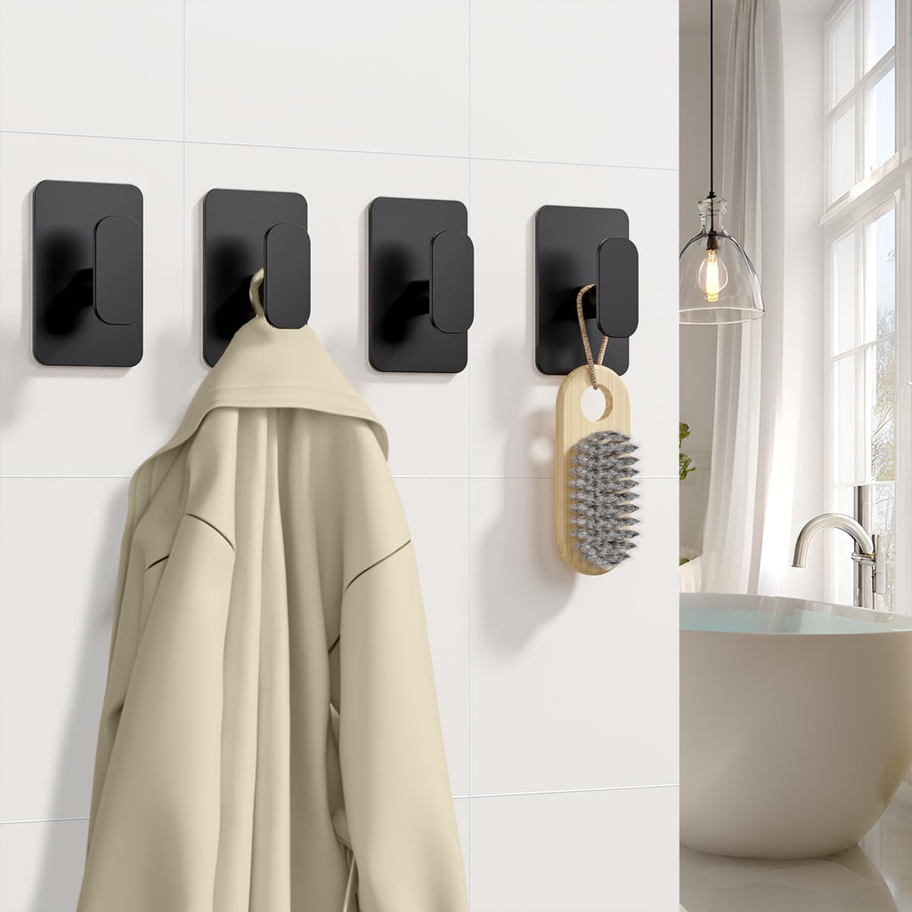 Skiennix Heavy Duty Self-Adhesive Hooks - 26lb Max Capacity, Waterproof & Rustproof for Bathroom | 4 Pack (Black)