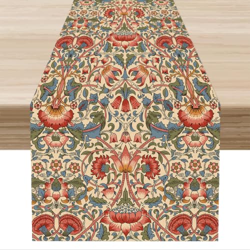 William Morris Floral Table Runner, Retro Abstract Flowers Botanical