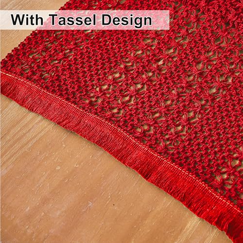 Red Macrame Burlap Table Runner 11.8x35.4in Christmas Boho Decor - Timecity