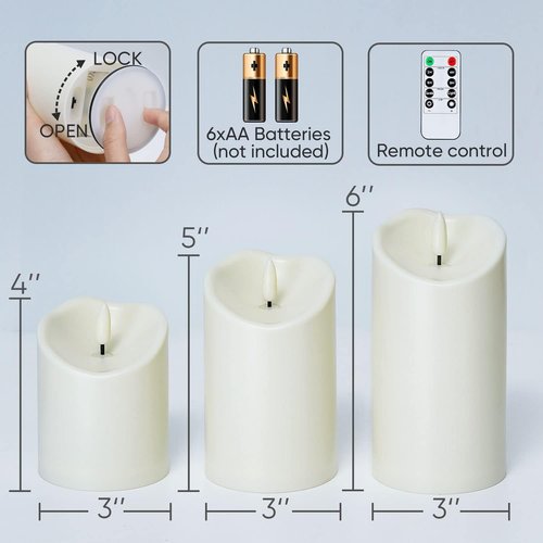 Homemory Flameless Outdoor Waterproof LED Candles - Remote & Timer Included | Ivory White, Set of 3