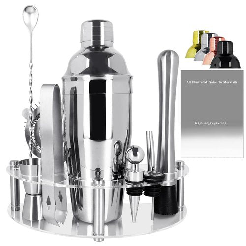 9Pcs/Set Cocktail Shaker Set with Stand, 750ml (25oz) Cocktail Shaker Bartender Kit: Bar Tool Set, Drink Mixing Includes Shakers Strainer Jigger Bar Mixer Spoon Muddler Pourer Bottle Stopper (Silver)