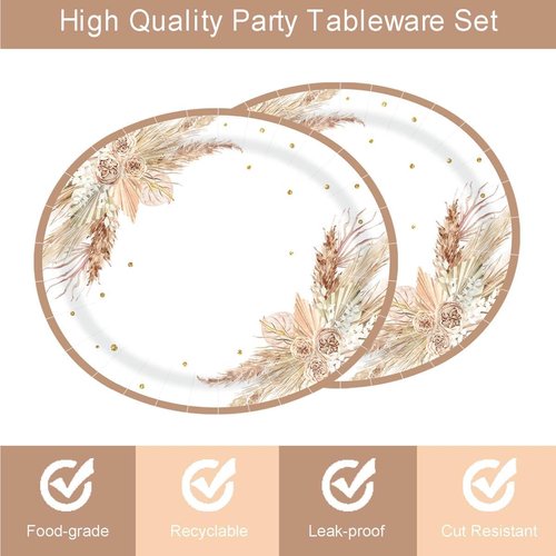 Aysimple 50PCS Boho Party Oval Paper Plates Large 10'' x 12'' Disposable Bohemian Party Platters, Pampas Grass Floral Design Heavy Duty Dish Tray for Baby Shower Birthday Wedding Event