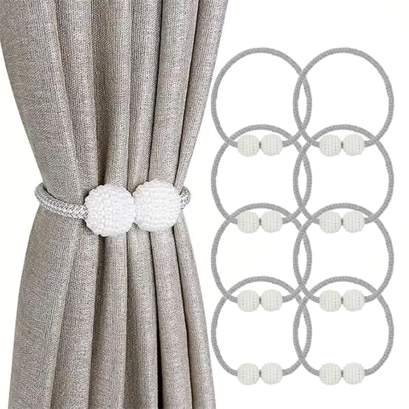 Magnetic Curtain Tiebacks - 8 Pack Grey Braided Rope Holdbacks No Drill