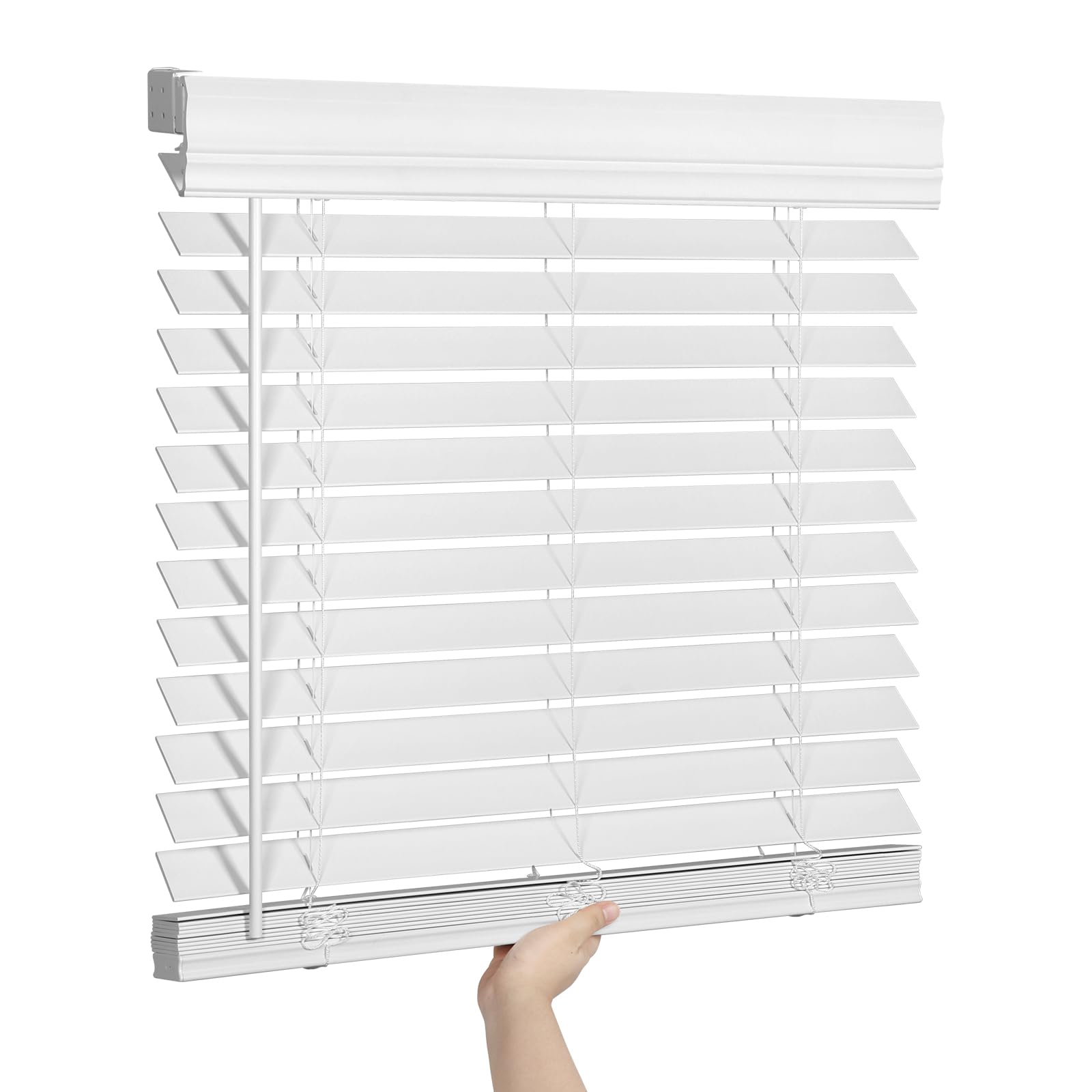 SEEYE 2 Inch Faux Wood Blinds for Indoor Windows with Crown Valance, Cordless Room Darkening Window Blind, 26" W x 60" H, Horizontal Wooden Shades for Bedroom, Kitchen, Office, Doors, White