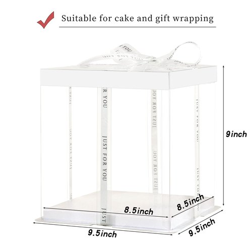 JCD 6 Pcs 2-Layer Tall Cake Packaging Boxes,8x8x9in Clear Cake Box with Ribbon,PET Cake Carrier Transport Container for Tiered Cake (White Lid, 8 * 8 * 9inch/6Pcs)