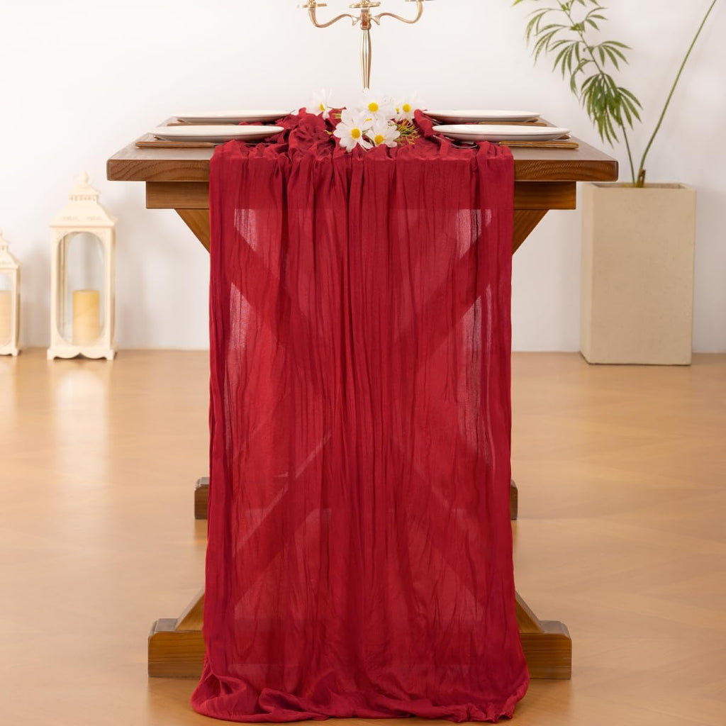 Socomi Cheesecloth Table Runner - 120 Inch Red Boho Rustic Design for Weddings & Events | 2-Piece Set