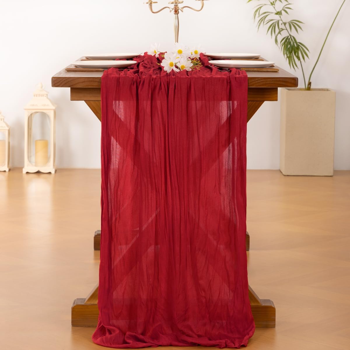 Socomi Cheesecloth Table Runner - 120 Inch Red Boho Rustic Design for Weddings & Events | 2-Piece Set