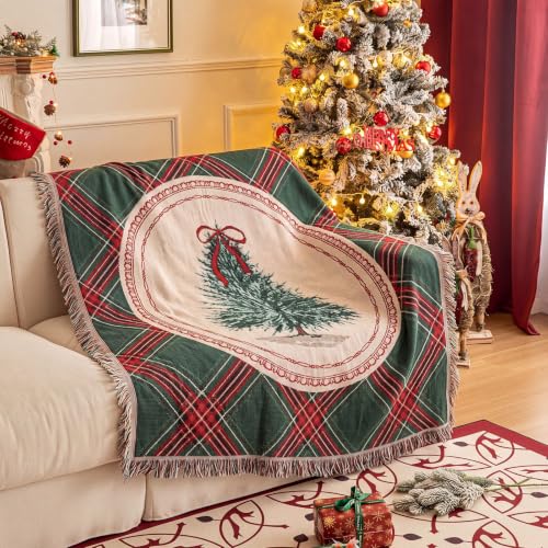 Retro Christmas Tree Woven Blanket - Green Tartan Plaid Throw 50x60